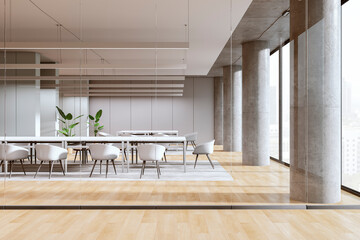 Wall Mural - Clean meeting room interior with window and city view, wooden flooring and glass partitions. 3D Rendering.