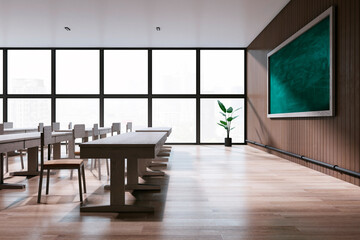 Wall Mural - Side view of stylish classroom interior with panoramic window and city view, wooden floor and green blackboard on wall. School, university and education concept. 3D Rendering.