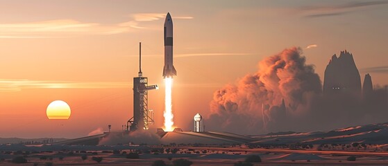 rocket launch at sunset with dramatic smoke plume and sun on the horizon, showcasing space explorati