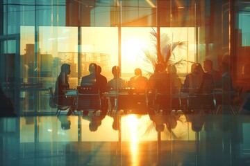 Modern business. Young focused serious business women and men working in a conference room working on a project presentation. Light from a spacious office is reflected through the, Generative AI