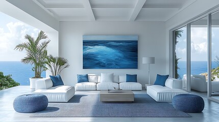 A marine-themed modern living room with sleek white furniture, coastal blue accents, abstract ocean art, and minimalist decor, large windows filling the room with bright natural light, hd quality,