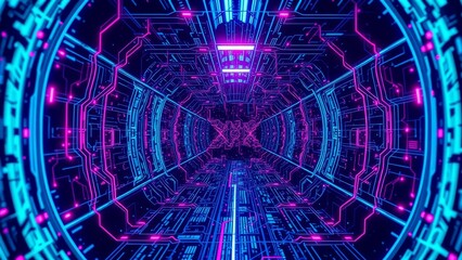 Poster - Abstract digital tunnel with glowing blue and pink lights.