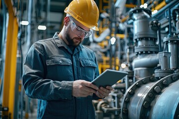 Engineer or Technician using digital tablet in a factory. Industrial and technology concept