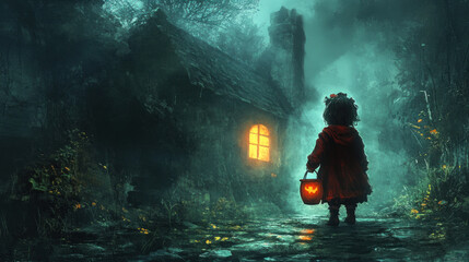 A little girl is holding a lantern and standing in front of a house. The scene is dark and eerie, with a sense of mystery and danger