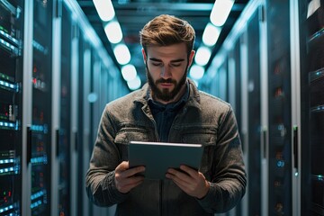 Wall Mural - Portrait of a handsome young man with a shirt  using a tablet in a server room datacenter