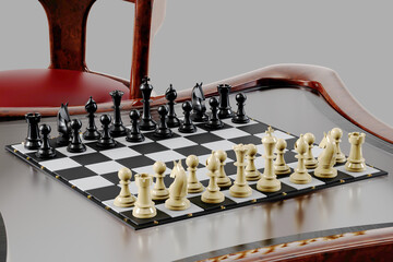 Chess pieces and a chessboard on a glass top coffee table, flanked by two chairs. 3D Render.