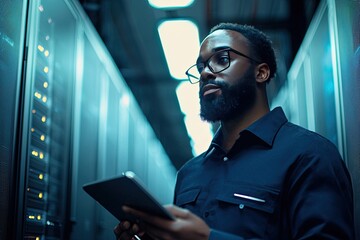 Wall Mural - Portrait of a handsome young man with a shirt  using a tablet in a server room datacenter