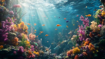 Colorful fish swim through vibrant coral reef in the ocean.