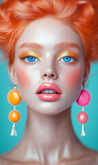 A striking close-up of a red-haired woman with vibrant makeup and bold earrings. Contemporary fashion beauty shot with artistic makeup.