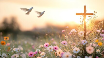 Golden sunset casting light over a cross surrounded by soft, pastel-colored wildflowers, doves soaring gracefully in the background