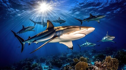 A majestic shark glides through crystal-clear waters, surrounded by a vibrant underwater ecosystem and shimmering sunlight.