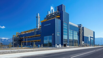 Modern blue industrial refinery plant emitting smoke from chimney