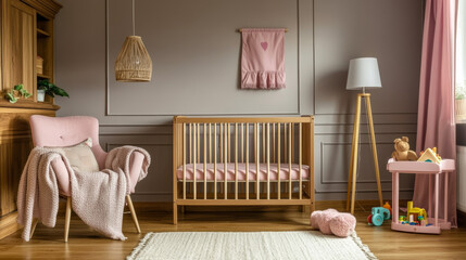 A stylish baby room with a wooden crib and bed, a pink chair, a cozy blanket, a lamp, and a cute toy table for playtime.