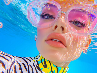 Fashion model with vibrant artistic face paint submerged in water. Eye-catching avant-garde beauty concept with bold colors and modern aesthetics.