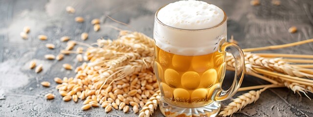 glass mug of beer with white foam and grain wheat ears spike, Oktoberfest, international world beer day, brewery harvest wallpaper, still life drink pub background, copy space