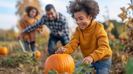 Children happily exploring a field, picking pumpkins on a sunny autumn day. Vibrant colors surround them as they enjoy outdoor fun together