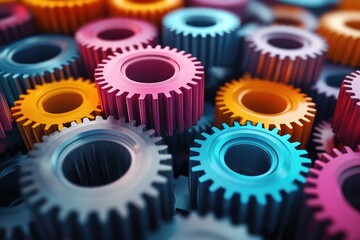 Aufkleber - Colorful metallic gears connecting together forming a machine