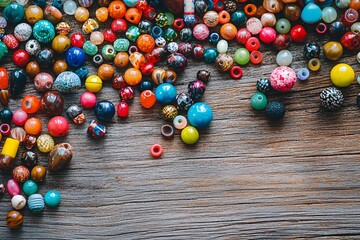a vibrant collection of diverse beads is strewn across a wooden surface, highlighting an array of te