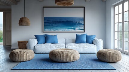 Minimalistic modern living room in a coastal cottage, featuring sleek furniture in blue and white tones, abstract oceanic artwork, and large windows offering plenty of natural light,