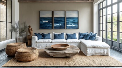 Modern coastal living room with streamlined furniture in shades of blue and white, abstract ocean-inspired art, and minimalistic decor, bathed in soft natural light from large windows, hd quality,