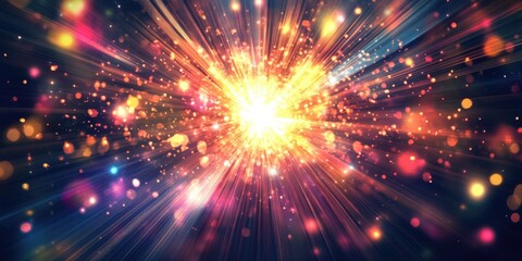 Line art illustration of a vibrant light explosion with glowing particles and lines creating a stunning abstract rays effect in the background