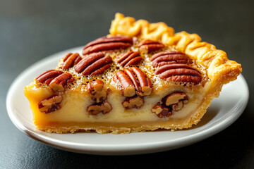 Closeup of slice of pecan pie with golden crust and rich filling on dark background. Concept of Halloween dessert