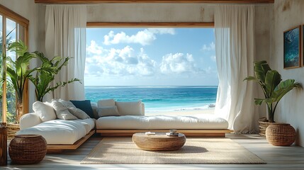 Wall Mural - A bright and airy coastal living room with light wooden furniture, soft ocean-toned fabrics, and sheer curtains gently swaying with the breeze, large windows framing a peaceful ocean view,