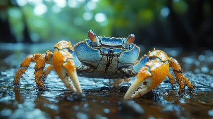 Wall Mural - A vibrant crab with blue and orange colors in a natural habitat.