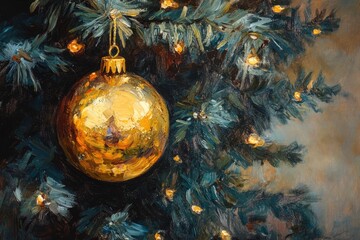 Oil painting depicting a festive Christmas scene featuring a decorated golden ornament on a Christmas tree symbolizing holiday cheer and decoration