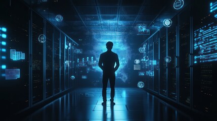 Wall Mural - A Silhouetted Figure Standing in a Server Room with Data Visualizations