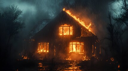 A burning house at night, rain pouring down in sheets, the contrast of fire and water creating dramatic smoke and steam, glowing embers in the dark