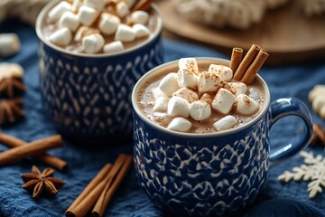 Two cups of hot chocolate with marshmallows and cinnamon sticks on a dark blue tablecloth, top view, flat lay background, minimal concept