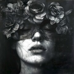 Poster - A captivating portrait of a woman with a floral crown. The image blends beauty with mystery. Soft shades create an ethereal atmosphere. Perfect for artistic projects. AI