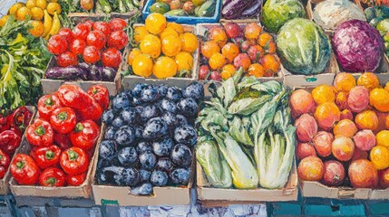 Wall Mural - Vibrant oil painting featuring an assortment of fresh produce including various fruits and vegetables typically found at a marketplace