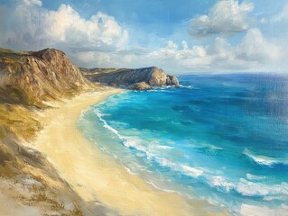 Wall Mural - Oil painting depicting a stunning beach with turquoise waters showcasing the beauty and serenity of a coastal landscape