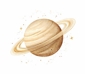  Illustration of the planet Saturn, white background, beige color palette, simple shapes, cute style, watercolor.