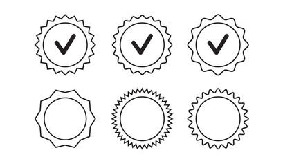 Circle tick seal wavy stamp line icons. Vintage edge circle sticker. Star burst outline shape isolated tags.