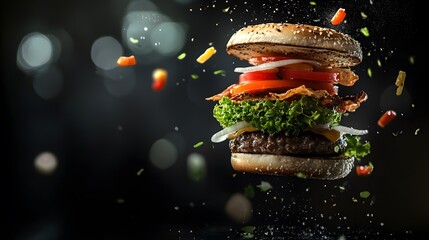 Falling burger with meat, lettuce, and cheese slices flying around on a dark background, pieces of tomato and onion falling from the sky, ketchup dripping down