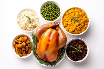 Thanksgiving dinner featuring roast turkey, mashed potatoes, stuffing, peas, sweet potatoes, greens on white background