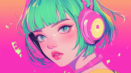 Poster - A vibrant, AIGenerated digital anime girl features striking green hair and a playful pink outfit in a modern style.