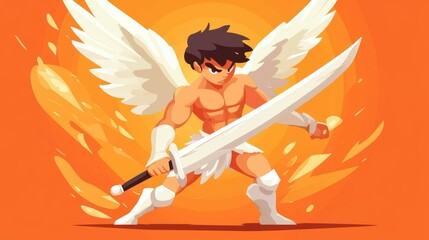 Wall Mural - An angel wielding a twohanded sword soars into battle, ready to deliver a powerful strike. Four wings spread wide in a dynamic pose.