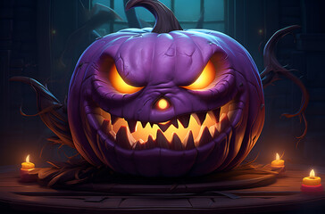 a pumpkin on a dark backdrop with a scary face, AI Generated