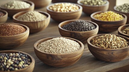 Assorted Grains and Seeds in Wooden Bowls on Rustic Wooden Table, Healthy and Organic Food Ingredients