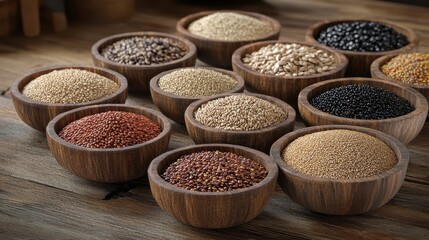 Wall Mural - Assorted Grains and Seeds in Wooden Bowls on Rustic Wooden Table - Healthy Organic Food Ingredients