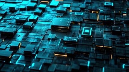 Abstract technology background featuring interconnected blue circuits and glowing elements with dark tones in a futuristic layout