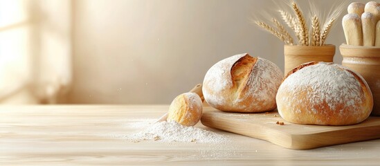 Poster - Ingredients for baking bread on the table. with copy space image. Place for adding text or design