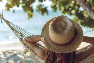 A high-resolution photo of a woman lying in a hammock on the beach