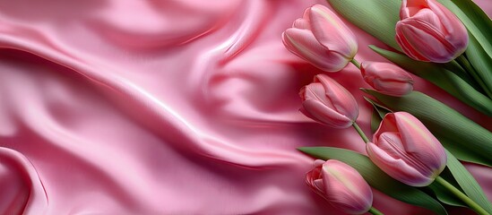 Poster - Lovely tulips and silk With copy space Tulips on pink silk