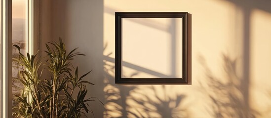 Aufkleber - Photo frame mockup displayed on a wall with a shadow Minimalist backdrop Empty picture frame mockup in a living room setting. with copy space image. Place for adding text or design
