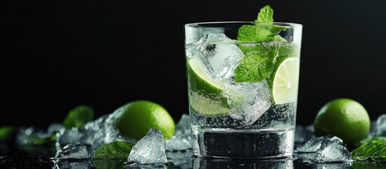 Aufkleber - A glass containing cold natural drinks with ice lime and mint is set against a black background Close up view. with copy space image. Place for adding text or design